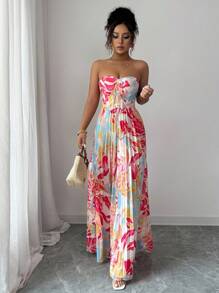 Elenzga Women's Elegant Romantic Printed Jumpsuit With Bandeau Top, Waist Cinched And Wide Leg