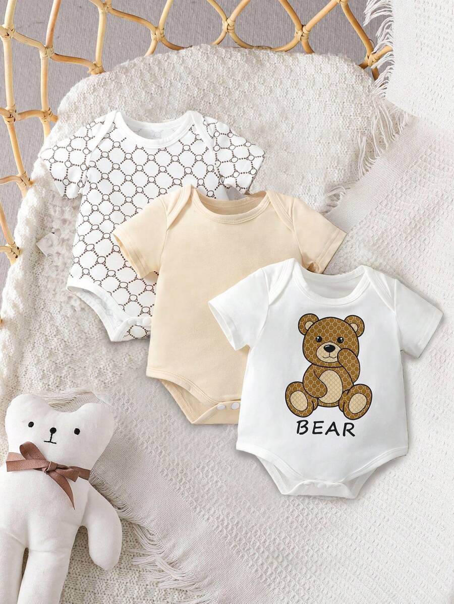 SHEIN 新生兒男寶寶3入組熊和字母圖形連身衣