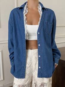 Livesso 女士牛仔上衣，领口和袖口饰有蕾丝花边，牛仔外套，秋季女装长袖 - 藍色 - 查看 4