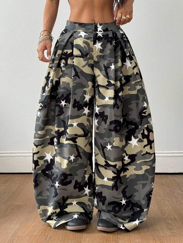 Coolane Women's & Men's  Summer Streetwear Vintage Y2K Casual Camo Hippie Oversized Army Green Star Print Camo Cargo Pants