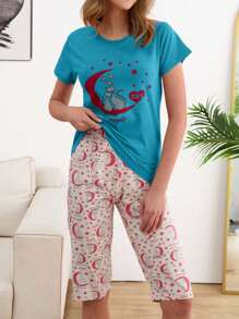 RueChic 棉质女士两件套可爱猫咪印花短袖和彩色猫咪与月亮印花七分裤睡衣套装 - 墨綠色 - 查看 4