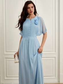 Chiquease European & American Elegant, Lightweight, Luxury Chiffon Pleated, Front Button Down, 3D Floral Decoration Women Long Dress - Blue - View 6