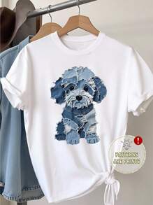 SHEIN Plus Size Women Casual Cute Puppy Print Short Sleeve Round Neck T-Shirt - White - View 1