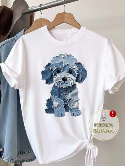 SHEIN 大码女式休闲可爱小狗印花短袖圆领T恤