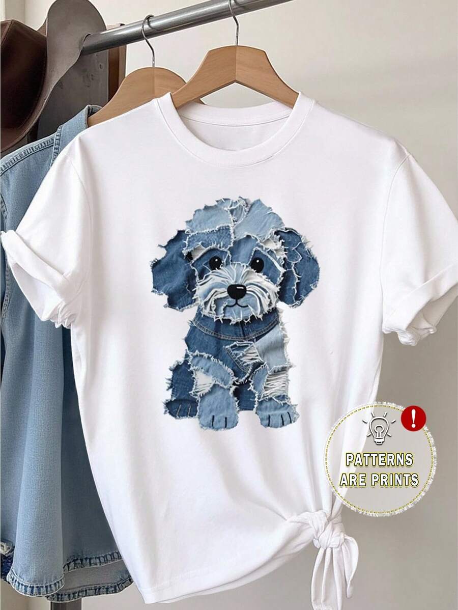 SHEIN Plus Size Women Casual Cute Puppy Print Short Sleeve Round Neck T-Shirt - White - View 1