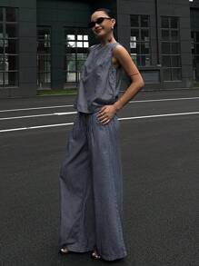 DAZY 2pcs Women's Summer Round Neck Sleeveless Denim Top With Back Tie And Loose Casual Denim Pants Set, Teenage Girls Vacation Style