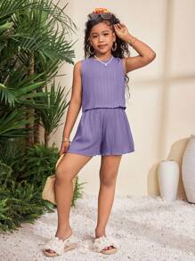 SHEIN 青少年女孩休闲度假编织纹理无袖圆领露背蝴蝶结装饰上衣和短裤套装 - 淺灰紫 - 查看 3