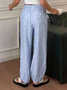DAZY Women's Bow Pattern Allover Print Ruched Hem Lantern Pajama Pants, Fall - Blue - View 2