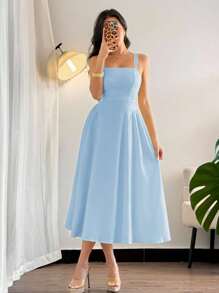 Firerie 女士夏季优雅简约度假海滩黄色褶皱纹理吊带背心束腰 A 字中长连衣裙 - 淺藍色 - 查看 3