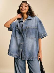 Easelle Women's Solid Color Casual Short-Sleeved Denim Shirt With Rhinestones On The Front, Sparkling, Independence Day, Outdoor, Back To School, Vintage, Streetwear