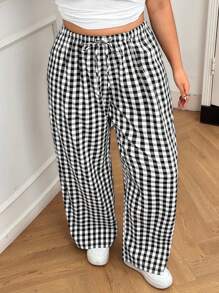 SHEIN EZwear Plus Size Casual Plaid Drawstring Waist Slant Pockets Pants