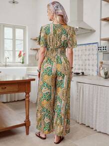 LanaWest Damen Jumpsuit mit Allover-Muster und Raffungen an den Ärmeln - Zufälliges Blumenmuster - Verschiedenfarbig - Übersicht 2