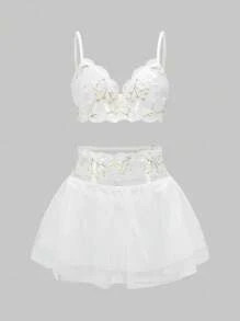 ROMWE Fairycore 3件套浪漫性感刺绣花卉女士套装 - 白色 - 查看 2