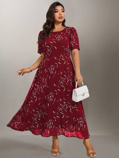 Flouryn Women Summer Plus Size Elegant Burgundy Chiffon Printed A-Line Maxi Dress,Autumn Wedding Guest Mal ,Easter Tea Party Vacation Spring Fall Dresses