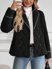 EMERY ROSE 女式撞色镶边口袋冬季棉服外套，长袖绗缝夹克女式夹克黑色夹克女式黑色绗缝夹克女式绗缝夹克 - 黑色 - 查看 5