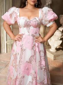 Aureia Vestido midi plus size elegante, luxuoso, de organza jacquard, com mangas bufantes, costas abertas e amarradas, adequado para casamentos, festas, férias, bailes, festivais de música e ocasiões formais (com bordados intensos) - Rosa - Ver 7