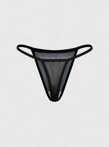 ROMWE Women's Sheer Mesh Letter Print Sexy Thong Panties