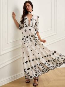 GENKIRA Elegant Double-Sided Tencel Linen Embroidered Sexy Deep V-Neck Belted Mid-Sleeve Dress - Multicolor - View 4
