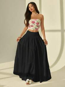 SHEIN PETITE Women's Solid Color Shirred Waist Ruffle Hem Casual Skirt For Vacation - Black - View 6
