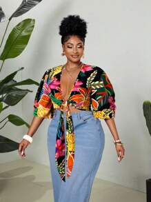 Maweii 大码热带印花泡泡袖休闲假日衬衫 - 黑色 - 查看 4