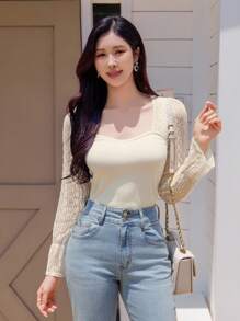 DAZY Women's Square Neck Lace Patchwork Slim Fit Short Elegant Long Sleeve T-Shirt - Beige - View 6