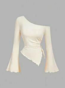 SHEIN MOD 女式杏色抽绳不对称下摆喇叭袖 T 恤，露肩 T 恤，秋季女装，舒适 T 恤 - 彩色 - 查看 5