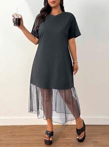 SHEIN EZwear 大码女式休闲网眼拼接春夏连衣裙 - 灰色 - 查看 4
