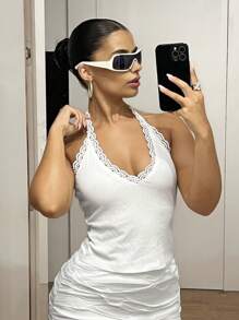 SHEIN ICON Women Modest V Neck Halter White Lace Knitted Casual Modest Tank Tops & Camis - White - View 4