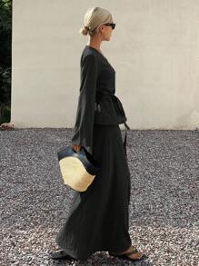 Livesso Women's Lace-Up Waist Top And Fish Tail Skirt 2pcs Set, Summer - Black - View 3