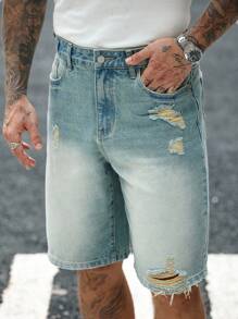 Manfinity Homme Quần short denim túi xéo giản dị mùa hè dành cho nam - Rửa trung bình - Xem 4