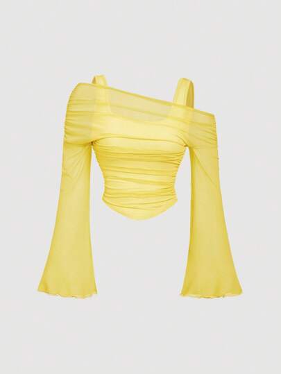 SHEIN MOD 黄色露肩网纱二合一喇叭袖长袖女式上衣，西部风，复古风，70年代风格，单身女郎