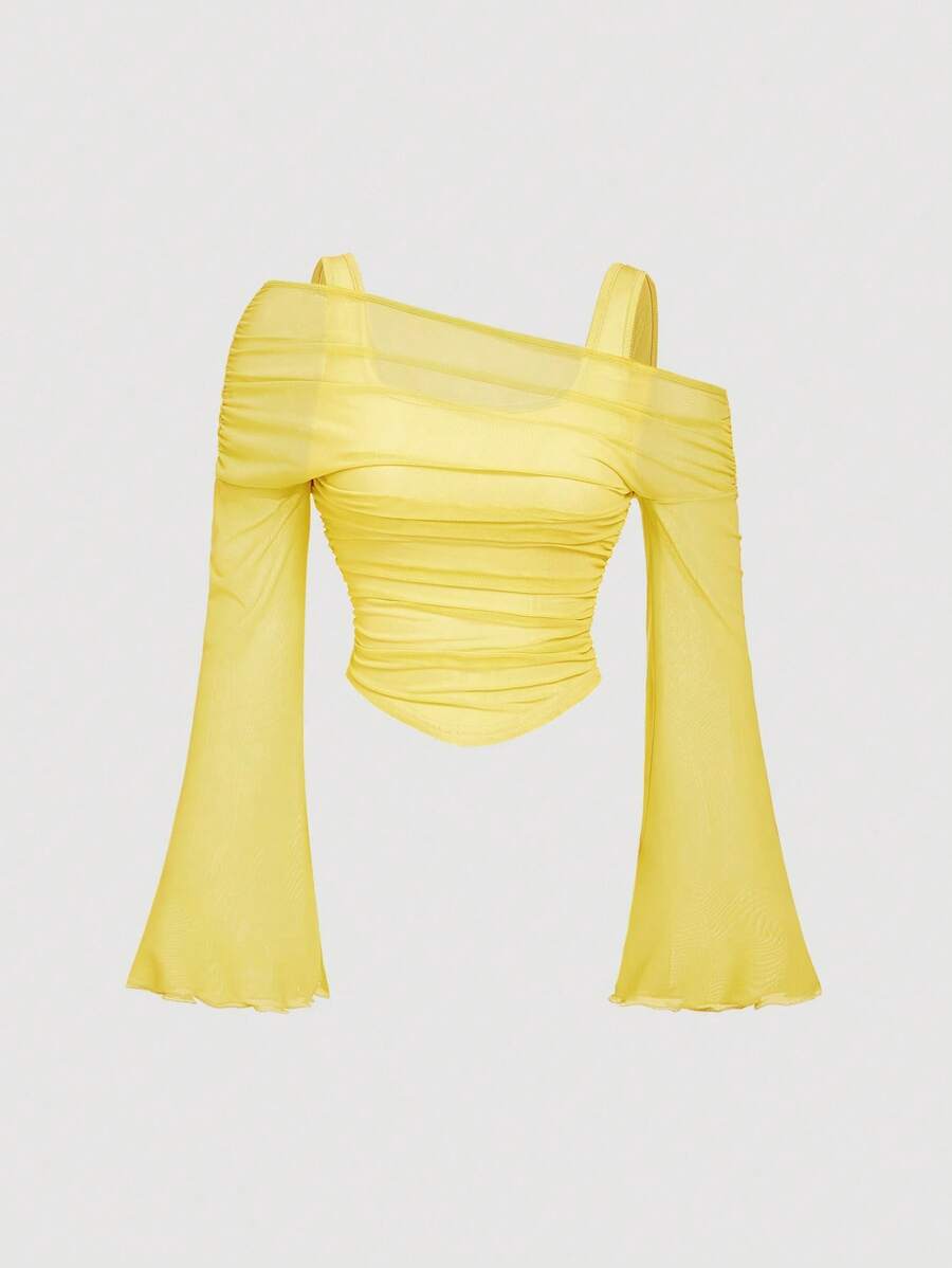 SHEIN MOD 黄色露肩网纱二合一喇叭袖长袖女式上衣，西部风，复古风，70年代风格，单身女郎 - 黃色 - 查看 1