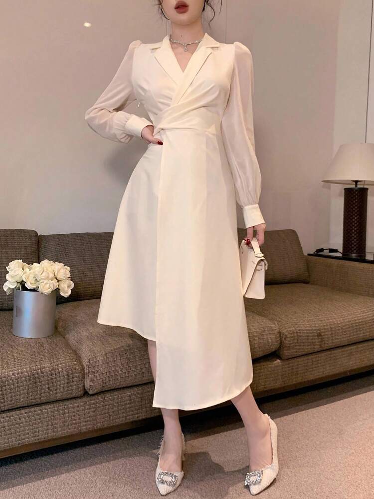 Elegant Puff Sleeve Midi Dress With Stand Collar For Women,Fall Women Clothes Long Sleeve Dress