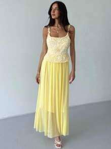 Aloruh New Summer Elegant Fairy-Like Vintage Lace Mesh Floral Patchwork Slip Dress With Waisted Design, Flowy A-Line Green Dress, Butter Yellow, Boho - Green - View 7