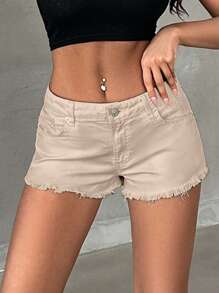 EURMUSE 100%Cotton Solid Color Frayed Hem Denim Shorts - Apricot - View 4