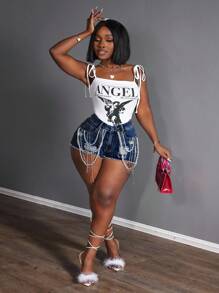 Slaydiva Plus Size Beaded Chain Decor Fashionable Denim Shorts - Dark Wash - View 6