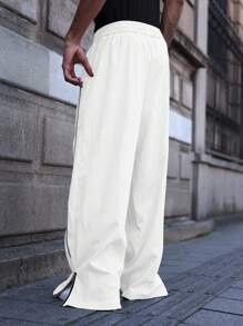 PAVTROS Manfinity Streetrush Men's Contrast Binding Letter Print Zipper Fly Wide Leg Pants, Street Style, Fall