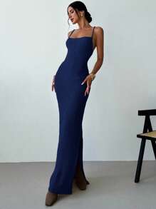 Firerie Women's Casual Elegant Fashion Sexy Backless Cross Strap Slit Bodycon Midi Knit Dress Sexy Dress - Navy Blue - View 6