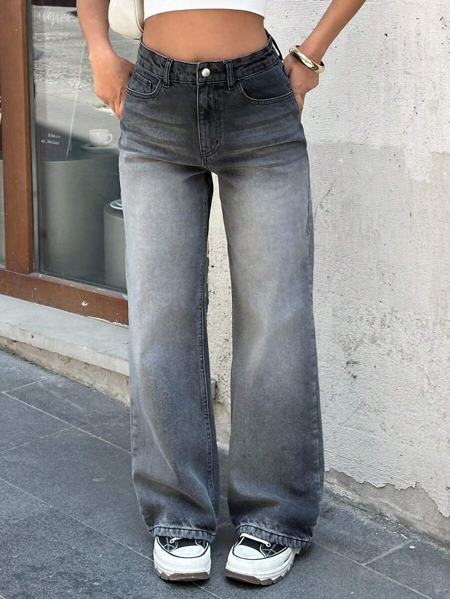 EURMUSE 女士高腰阔腿牛仔裤 休闲日常牛仔裤 - 灰色 - 查看 1