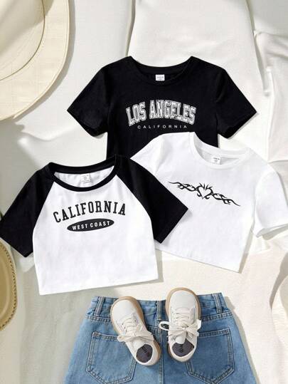 SHEIN 少女三件組彩色拼接短袖T卹，圓領倫敦袖和字母心形印花，夏日休閒裝