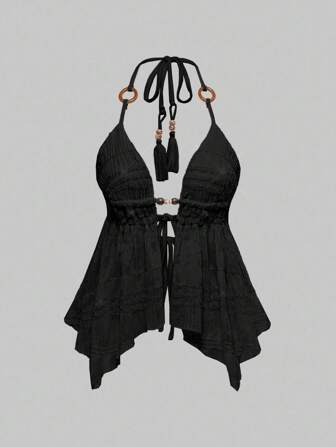 ROMWE Avant توب بحملات رفيعة و ظهر مكشوف بمظهر إيطالي لعطلة نهاية الألفية الثانية، مزين بخرز خشبي، قطعة مثيرة للنساء