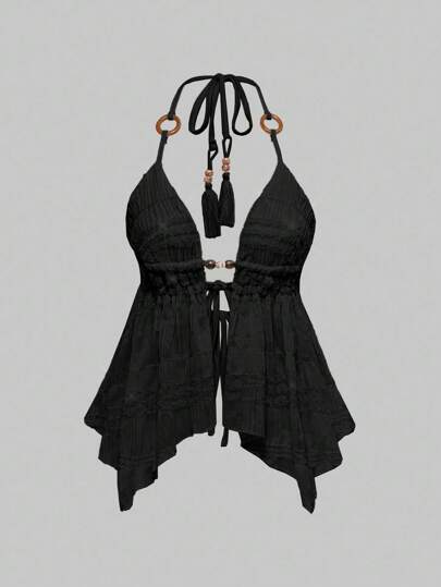 ROMWE Avant Y2K Italian Style Vacation Wooden Bead Decor Backless Spaghetti Strap Sexy Backless Cami For Women