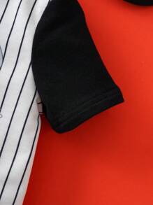 LOONEY TUNES X SHEIN 男婴卡通可爱休闲黑白条纹印花短袖连体衣