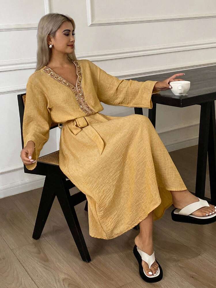 Sequin Lace Trim Waist Belt Decor Women Nightgown, Fall Pajama