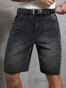 Manfinity Homme Pantaloncini di jeans cargo da uomo di colore solido decorati con diamanti