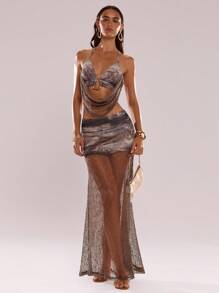 SHEIN BAE 女式夏季性感度假风扎染印花百褶网眼拼布透视裙