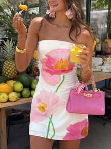 INAWLY Vestido mini sin mangas con estampado floral para mujer