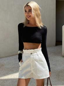 Livesso Women's Solid Paper Bag Waist Side Pocket Casual Denim Shorts - White - View 3