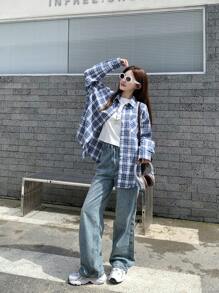 SHEIN Camicia a maniche lunghe casual, oversize, in stile retrò scolastico, blu e bianco, per ragazze adolescenti, in occasione del rientro a scuola