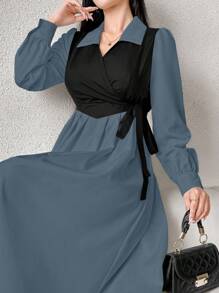 Modelyn 优雅女士秋季拼色不对称系带侧裙长款女士服装 - 藍色 - 查看 5
